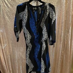 Yumi Kim 100% Silk Black and Blue Zigzag Dress